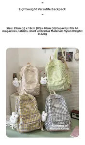 Detailed size chart for plaid nylon backpack showing 40x29x12cm dimensions and cute charm