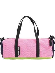 Pink and green cylinder running crossbody bag with mesh pocket for sports gear