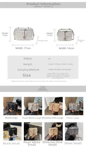 Size chart for quilted PU handbags showing large and small dimensions in multiple colors