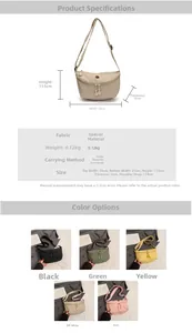 Detail view of nylon crescent crossbody bag with size specs and five color options