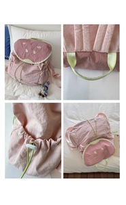 Detail shots of pink watermelon-themed backpack with green trim and drawstring closure