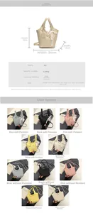 Detailed dimension chart for PU bucket bag showing various colors and strap length