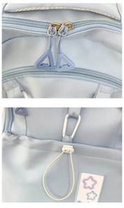 Détail d'un sac à dos bleu clair avec motifs d'étoiles et fermetures éclair en métal