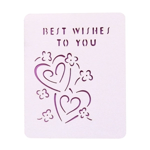 Lavender laser-cut greeting card with Best Wishes text and heart patterns on white background