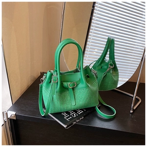 Detailed mirror view of green woven textured handbag with smooth leather top and buckle