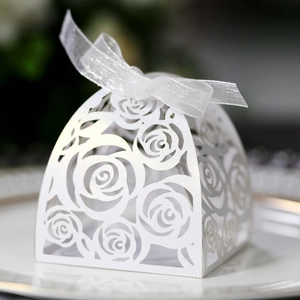Detail of laser-cut rose pattern on white pearlescent paper wedding favor box
