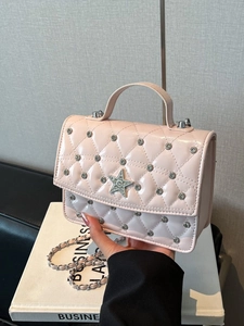 Women Fashion Quilted PU Leather Backpack Trendy Rhinestone Star Rivet Chain Shoulder Bag Small Square Handbag For Daily Use