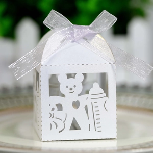 Detailed laser-cut white baby shower candy box with cute bear and bottle pattern