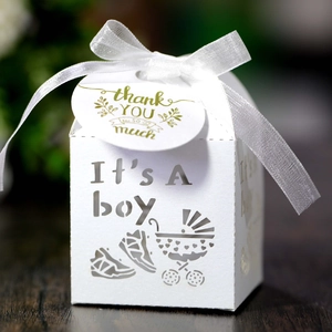 Laser Cut It's A Boy Baby Shower Favor Box Artificial Pearl Paper Hollow Baby Carriage Candy Box Ribbon Thank You Tag Party Supplies