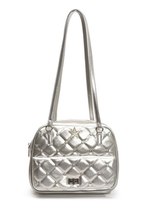 Silver quilted backpack with metallic studs and star ornament on a white background