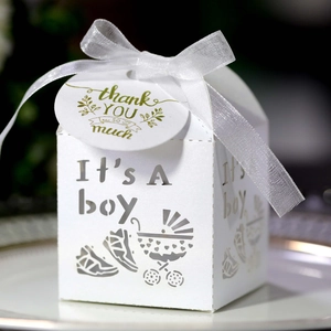 Detail of white laser-cut 'It's A Boy' favor box with pearl paper and a thank you tag