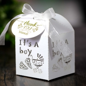 White hollow baby shower candy box with It's A boy text and elegant ribbon tag