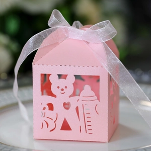 Close-up of pink baby shower gift box with laser-cut bear patterns and white organza ribbon