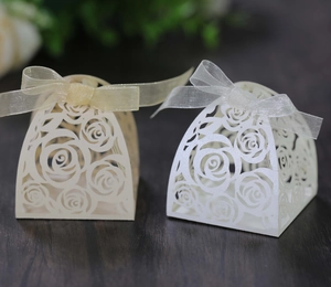Detailed laser-cut rose patterns on elegant gift boxes with organza ribbon bows