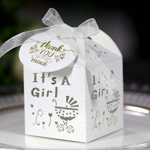 White favor box with baby stroller cutout and Thank You tag for baby shower party