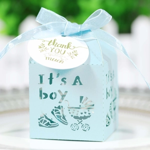 Light blue 'It's A boy' hollow gift box with stroller pattern and ribbon bow
