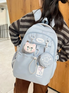 Light blue large capacity waterproof backpack with mini star pouch and cat plush charm