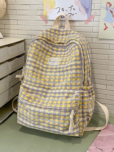 Plaid canvas backpack with lace details and fringe zipper, stylish school bag for women