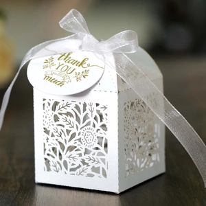 Laser-cut white wedding gift box with rose patterns and Thank You hang tag