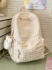 Fashionable orange gingham school backpack for women with lace trim and plush bunny charm