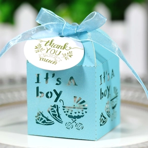 Light blue It's a Boy baby shower favor box with hollow stroller design and thank you tag