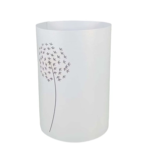 White cylinder decorative paper lampshade featuring artistic grey dandelion pattern print