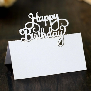 Elegant white hollow Happy Birthday table tent card with laser-cut lettering
