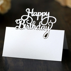 Elegant white laser-cut Happy Birthday place card made of premium pearlescent paper