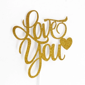 Golden glitter Love You cake topper with heart design for Valentine's Day decorations