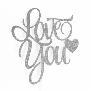Detail of silver glitter Love You cake topper with heart design for anniversaries