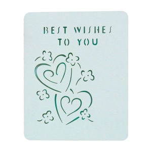 Detail of light blue laser-cut greeting card featuring Best Wishes text and hollow hearts
