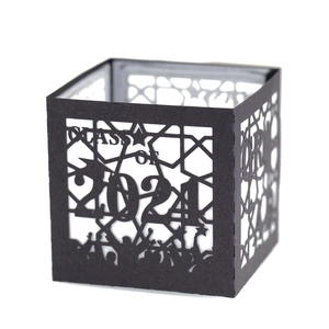 Detail of laser-cut black paper lantern with Class of 2024 graduate silhouettes and stars