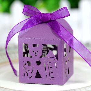 Detail of purple laser-cut baby favor box with bear and milk bottle patterns