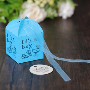 Detailed laser-cut 'It's a boy' candy box with blue organza ribbon and thank you tag