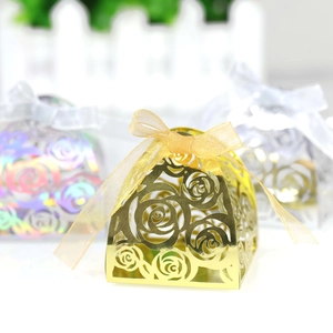 Detailed hollow rose pattern on silver, gold, and laser color wedding favor boxes