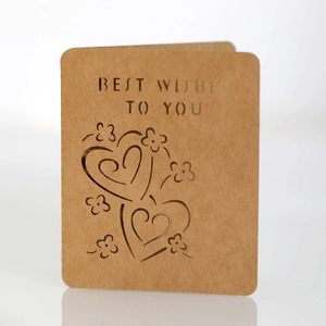 Detail of laser-cut heart pattern and Best Wishes text on kraft paper card