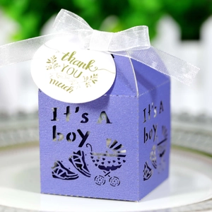 Detail of purple laser-cut baby shower gift box with stroller pattern and Thank You tag