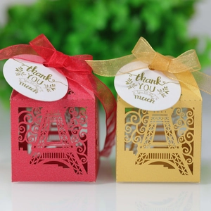 Detailed laser cut Eiffel Tower gift box with silk ribbon and thank you tag