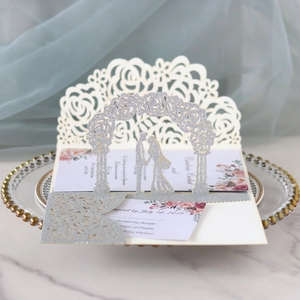 3D laser cut silver glitter wedding invitation card with rose arch and couple silhouette