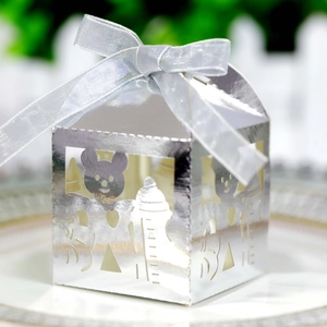 Silver hollow baby shower favor box with bear bottle patterns and elegant ribbon