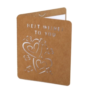 Laser-cut kraft paper greeting card with double heart design and Best Wishes text