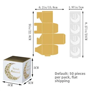 Flat lay and assembled Umrah Mubarak gift box with gold interior and moon cutout design