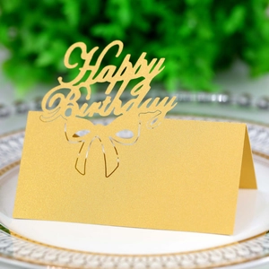 Golden glitter Happy Birthday place card with hollow laser cut bow and butterfly design