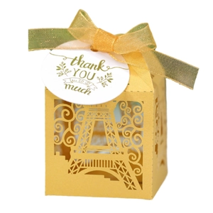 Golden Eiffel Tower hollow wedding candy box with ribbon and thank you tag