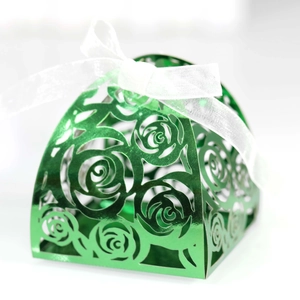 Laser cut green rose favor box with white ribbon for wedding and party candy packaging