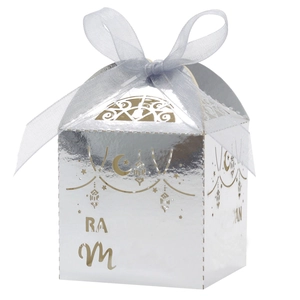 Mirror silver Ramadan gift box with laser-cut moon and star patterns and ribbon bow