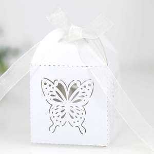Macro detail of laser-cut butterfly pattern on white gift box with silk ribbon
