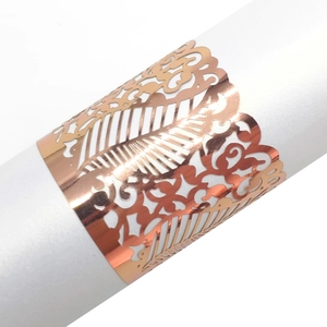 Macro shot of rose gold laser-cut napkin ring with intricate lace vine patterns