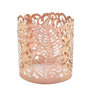 Detail showing laser-cut vine leaf patterns on rose gold metallic napkin ring