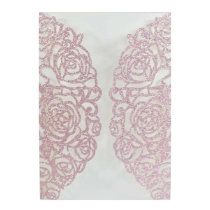 Roze glitter huwelijksuitnodiging met lasergesneden rozen en glansafwerking